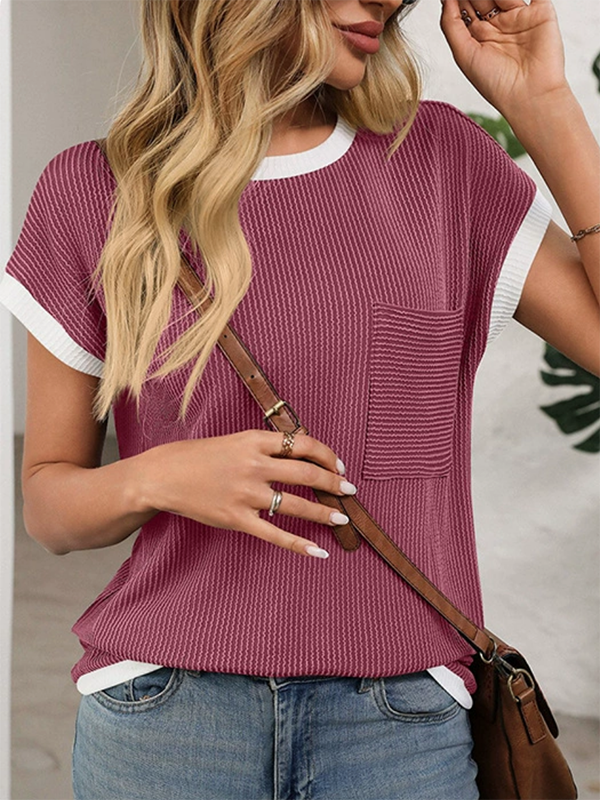 Loose Short Sleeves Colorful Contrast Color Pockets Round-neck T-Shirts Tops