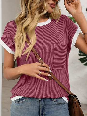 Loose Short Sleeves Colorful Contrast Color Pockets Round-neck T-Shirts Tops