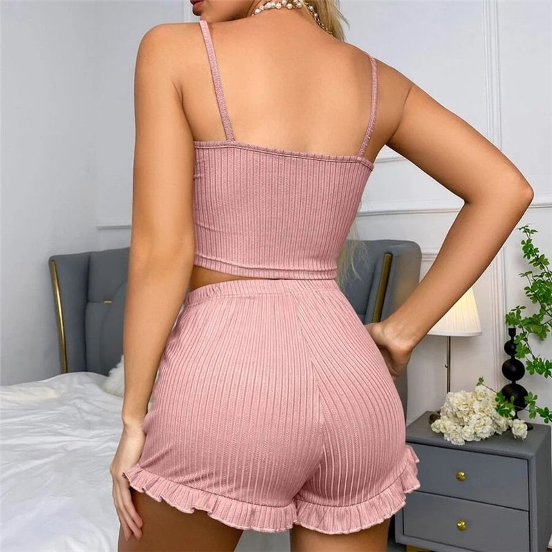 Women Casual Solid Color Lace Stitching Pajamas Two-Piece Set