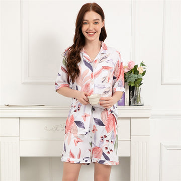 Women Fashion Casual Cotton Printed Short Sleeve Lapel Top Loose Shorts Pajamas Two-Piece Set