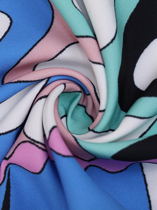 Long Sleeves Buttoned Contrast Color Printed Lapel Blouses&Shirts Tops + Pleated Bodycon Skirts Bottom Two Pieces Set