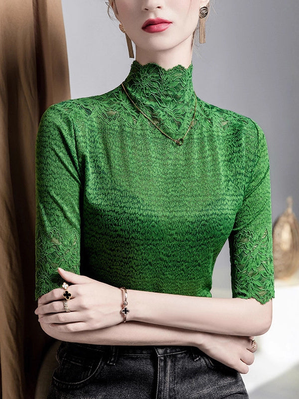 False Two Half Sleeves Slightly Sheer Split-Joint Textured High Neck T-Shirts Tops