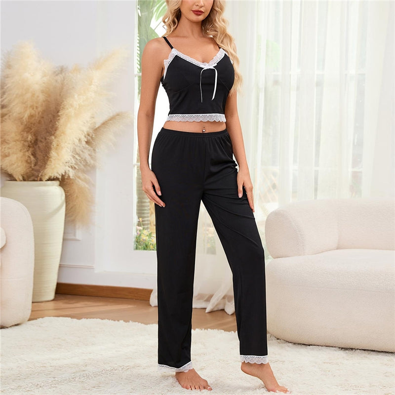 Women Fashion Sexy Lace Splice Camisole Loose Pants Pajamas Two-Piece Set