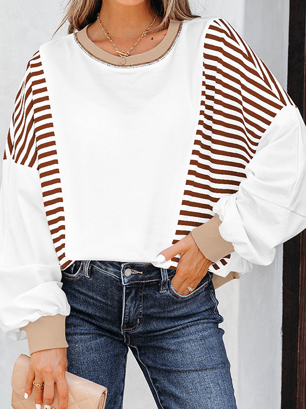 Long Sleeves Loose Contrast Color Striped Round-Neck Sweatshirt Tops