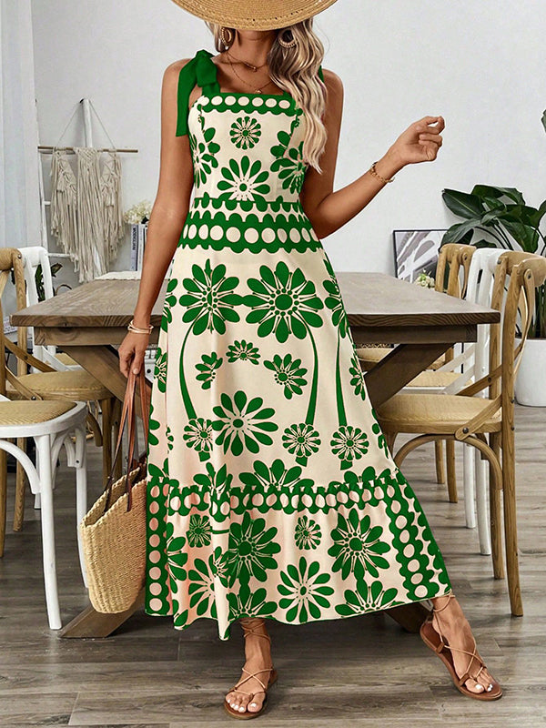A-Line Loose Elasticity Flower Print Pleated Tied Spaghetti-Neck Midi Dresses
