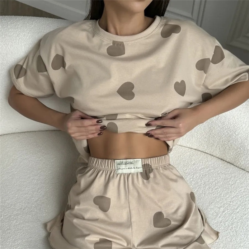 Women Fashion Casual Love Printed Round-Neck Short-Sleeve Top Loose Ruffled Shorts Pajamas Two-Piece Set