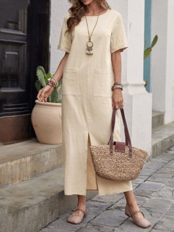 High Waisted Loose Pockets Solid Color Split-front Round-neck Midi Dresses