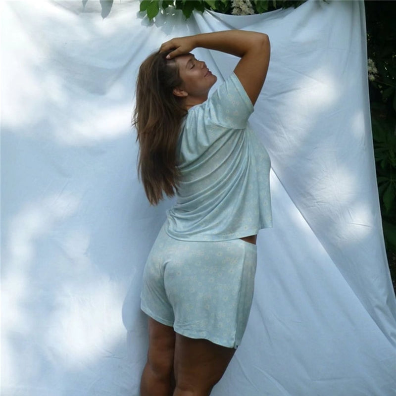 Women Fashion Casual Printed Short-Sleeve T-Shirt Loose Shorts Pajamas Two-Piece Set