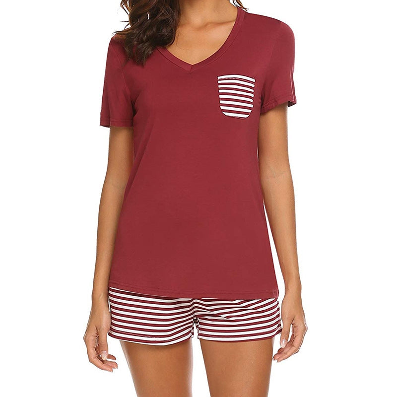 Women Casual Short-Sleeved Top And Stripe Shorts Pajamas Two-Piece Set