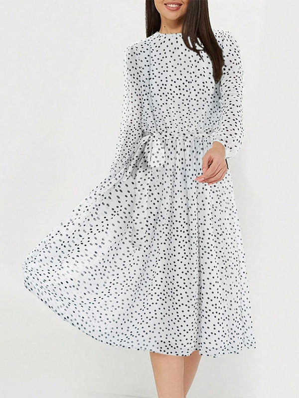 A-Line High Waisted Polka-Dot Tied Waist Round-Neck Midi Dresses