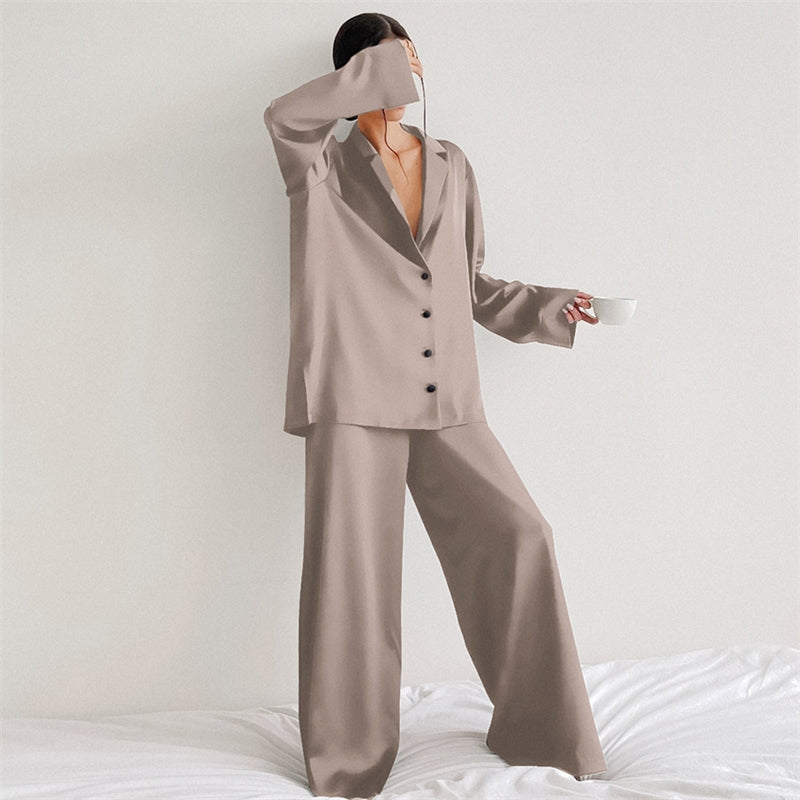 Women Fashion Casual Solid Color Ice Silk Lapel Long-Sleeve Loose Pants Pajamas Two-Piece Set