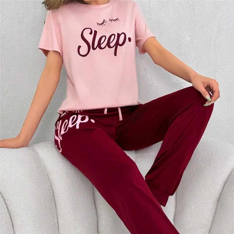 Women Fashion Casual Printed Short Sleeve T-Shirt Drawstring Pants Pajamas Two-Piece Set