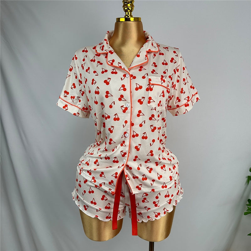 Women Fashion Casual Cherry Printed Lapel Short-Sleeve T-Shirt Loose Shorts Pajamas Two-Piece Set