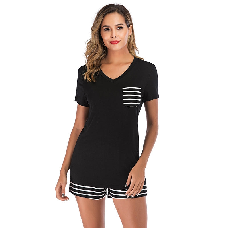 Women Casual Short-Sleeved Top And Stripe Shorts Pajamas Two-Piece Set