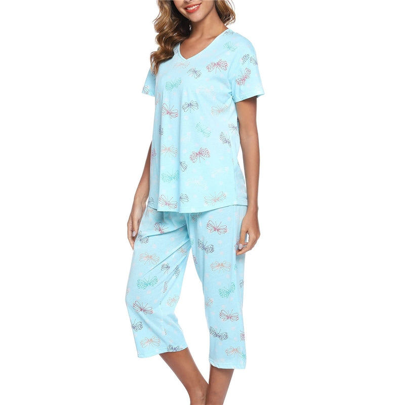 Women Fashion Casual Printed V-Neck Short-Sleeve T-Shirt Loose Pants Pajamas Set