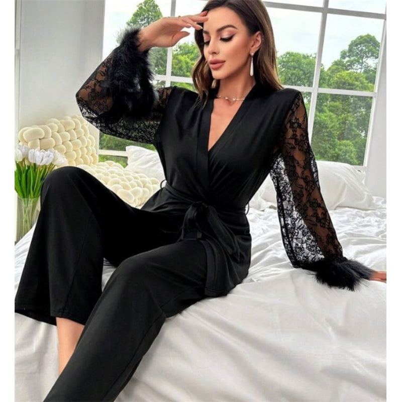 Women Fashion Elegant Stitching Lace V-Neck Long-Sleeve Lace-Up Top Loose Pants Pajamas Set