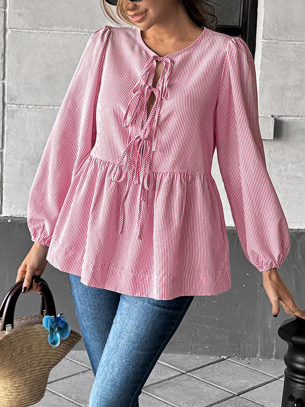 Long Sleeves Loose Elasticity Pleated Striped Tied Round-Neck Blouses&Shirts Tops