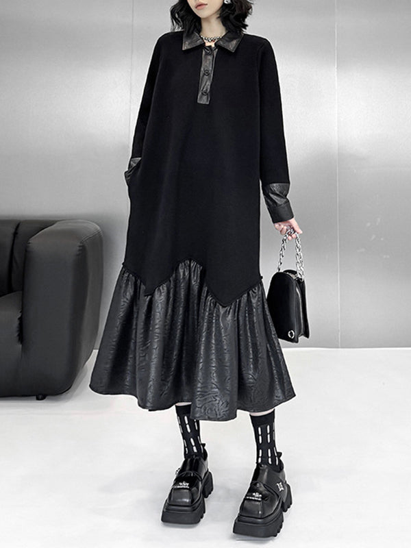 A-Line Long Sleeves Buttoned Split-Joint Polo Midi Dresses Sweater Dresses
