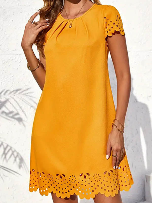 Loose Short Sleeves Hollow Pleated Solid Color Split-Joint Round-Neck Mini Dresses