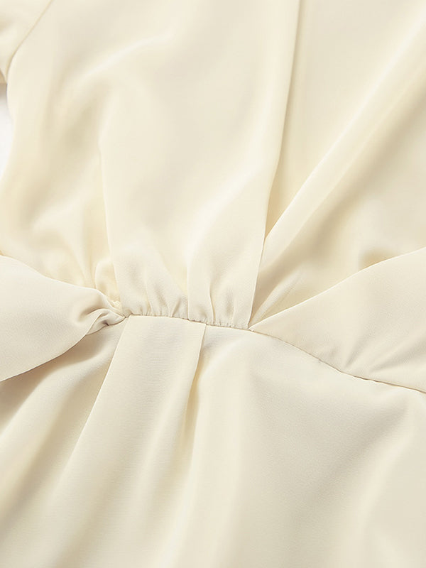 Flared Sleeves Long Sleeves Pleated Solid Color Zipper Stand Collar Blouses&Shirts Tops