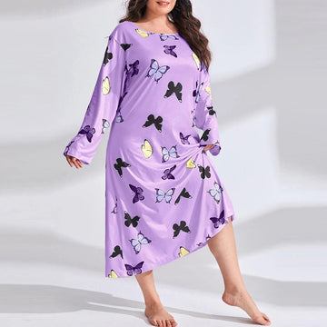 Women Fashion Casual Butterfly Printing Long Sleeve Plus Size Nightgown