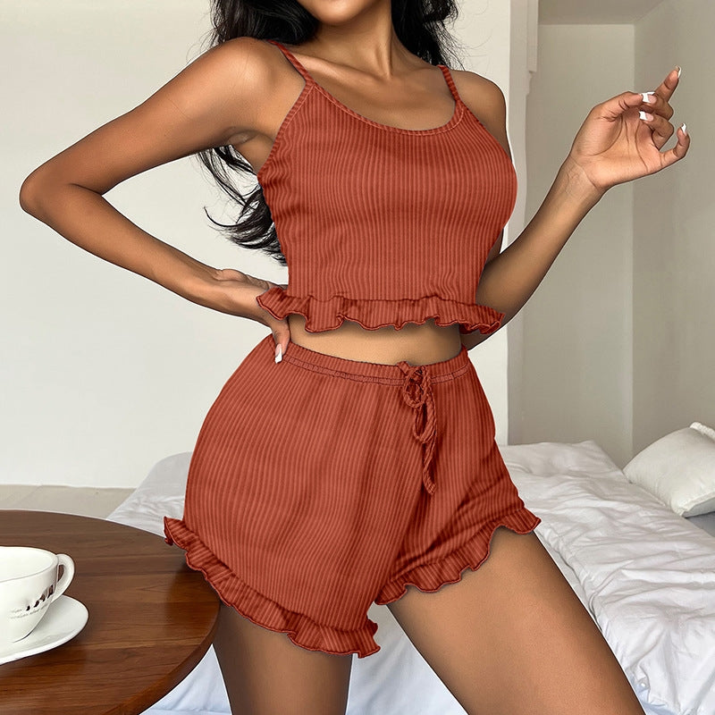 Women Sexy Solid Color Strip Ruffled Backless Camisole Drawstring Shorts Pajamas Two-Piece Set