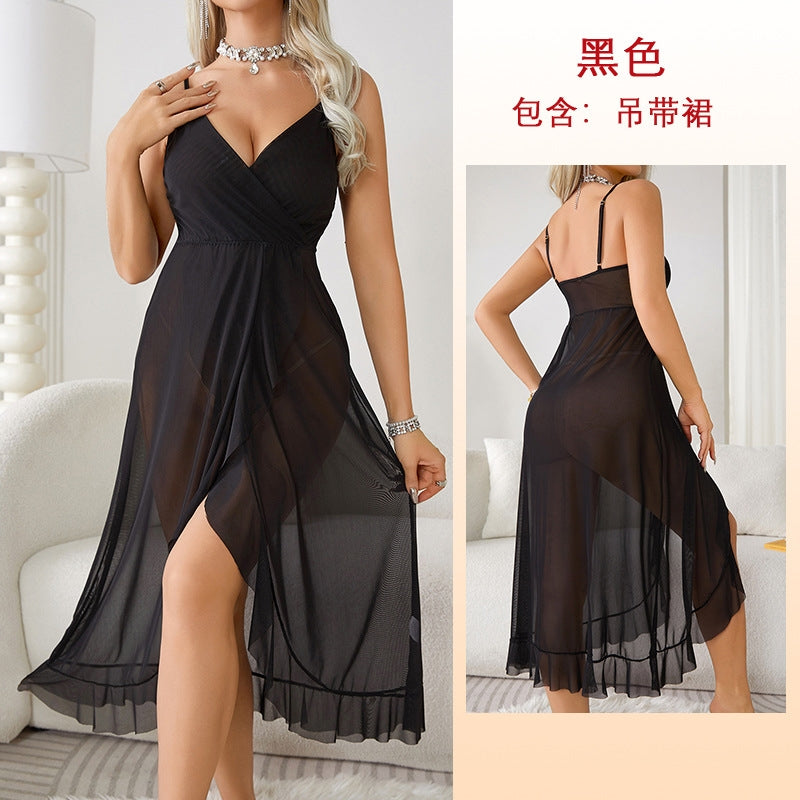 Women Fashion Sexy Deep V Backless Mesh Perspective Sling Sexy Pajamas