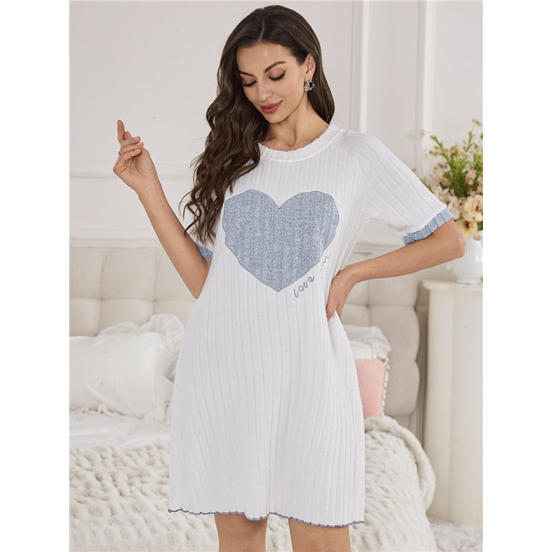 Women Fashion Casual Autumn Love Printed Round Neck Short-Sleeve Dress Pajamas