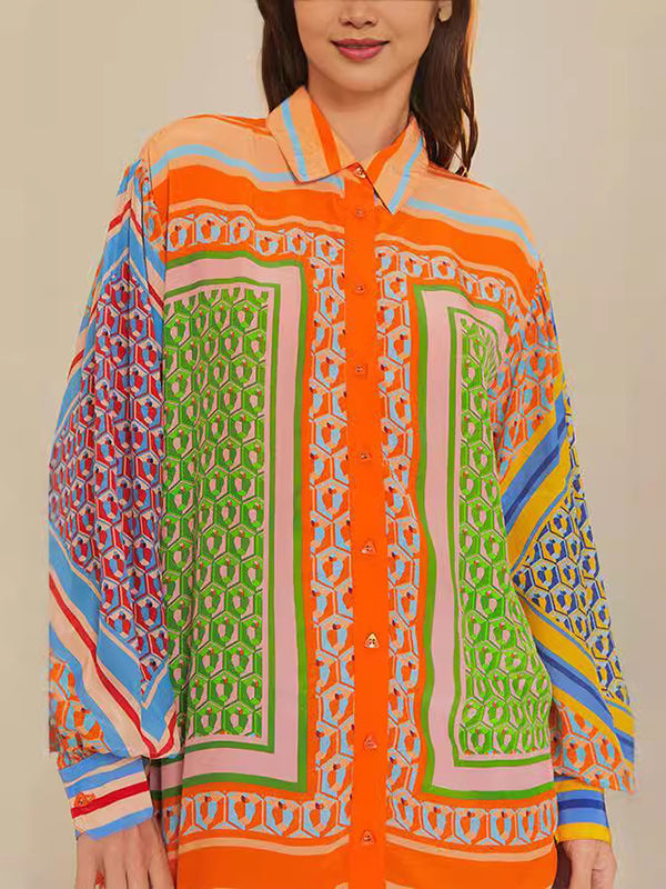 Multi-Color Patchwork Long-Sleeved Lapel Shirt Top + Baggy Pants Pocket Casual Pants Two-Piece Set