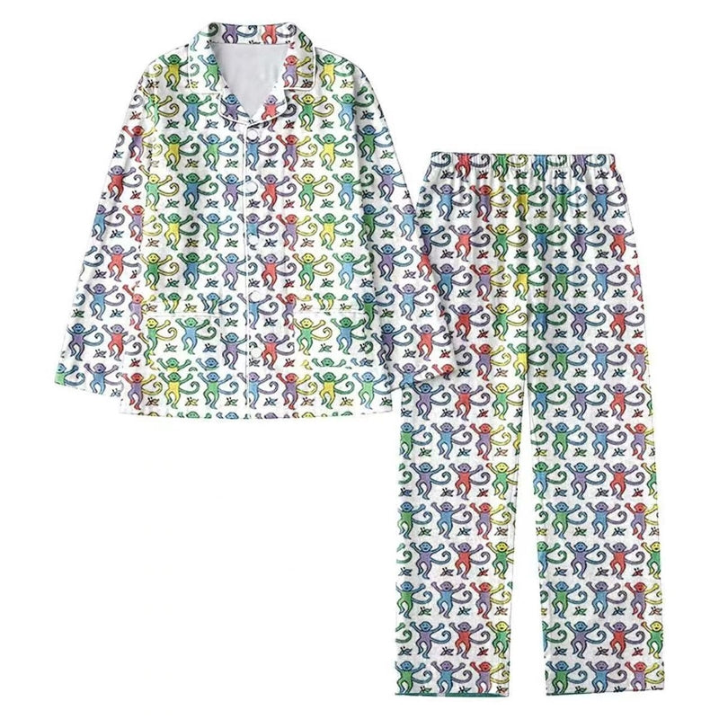 Women Casual Monkey Print Lapel Long-Sleeve Top Loose Pants Pajamas Two-Piece Set