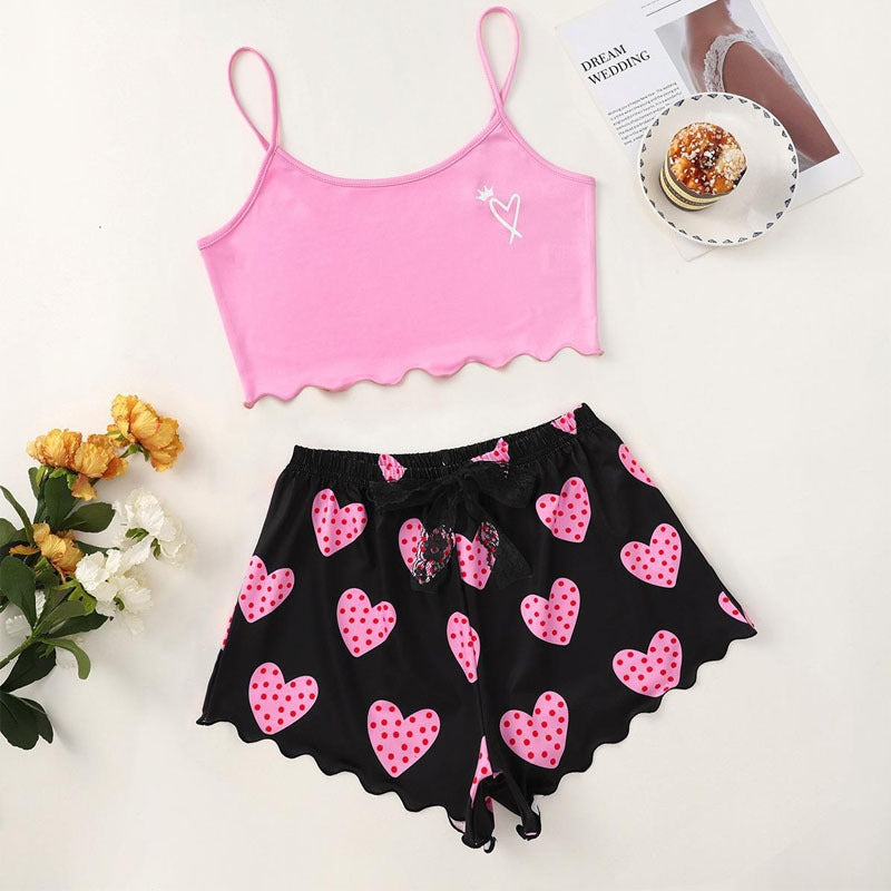 Women Fashion Heart Print Pajamas Two-Piece Set