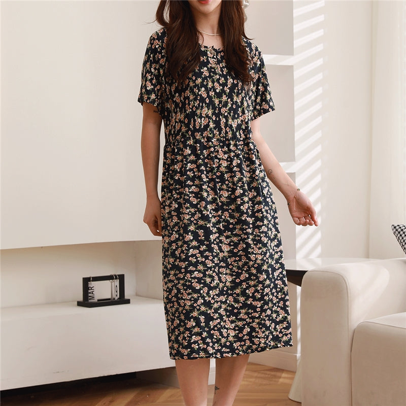 Women Fashion Casual Floral Printed Short Sleeve Loose Dress Pajamas