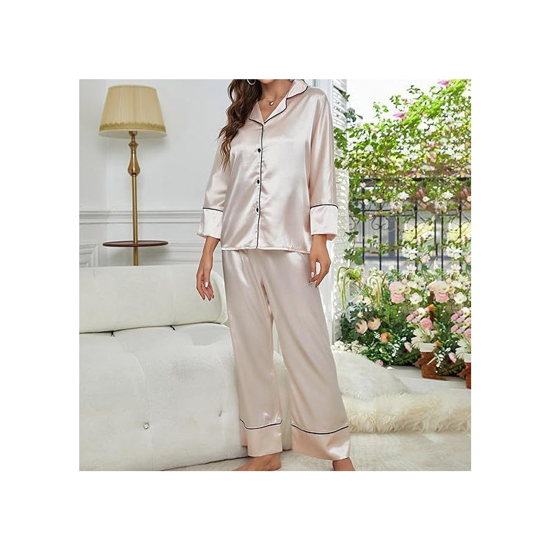 Women Fashion Casual Silk Lapel Long-Sleeved Top Loose Pants Pajamas Two-Piece Set