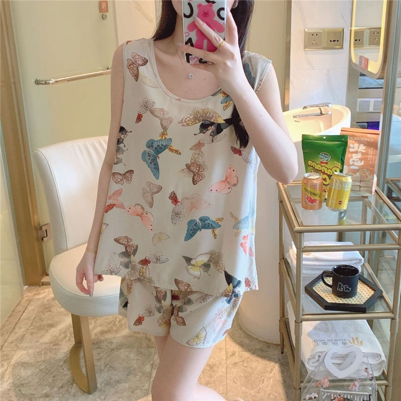 Women Fashion Casual Printed Tank Top Loose Shorts Cotton Silk Pajamas Two-Piece Set