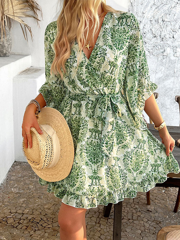 Flared Sleeves Half Sleeves Flower Print Ruffle Trim Split-Joint Tied Waist V-Neck Mini Dresses