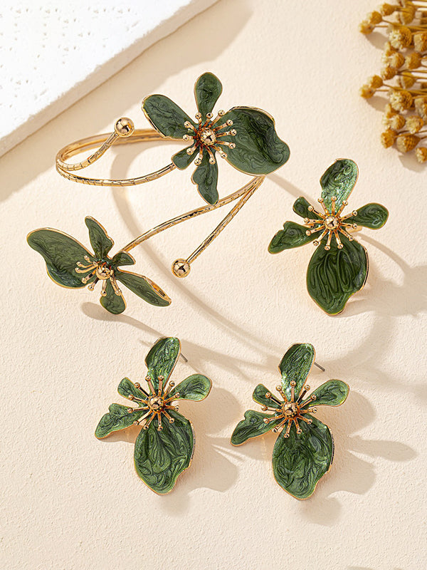Flower Shape Bracelet + Earrings + Rings Accessories Three Pieces