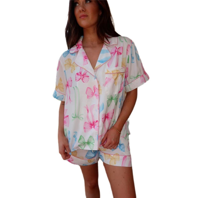 Women Fashion Casual Multicolour Bowknot Printed Lapel Short-Sleeve Top Loose Shorts Pajamas Set