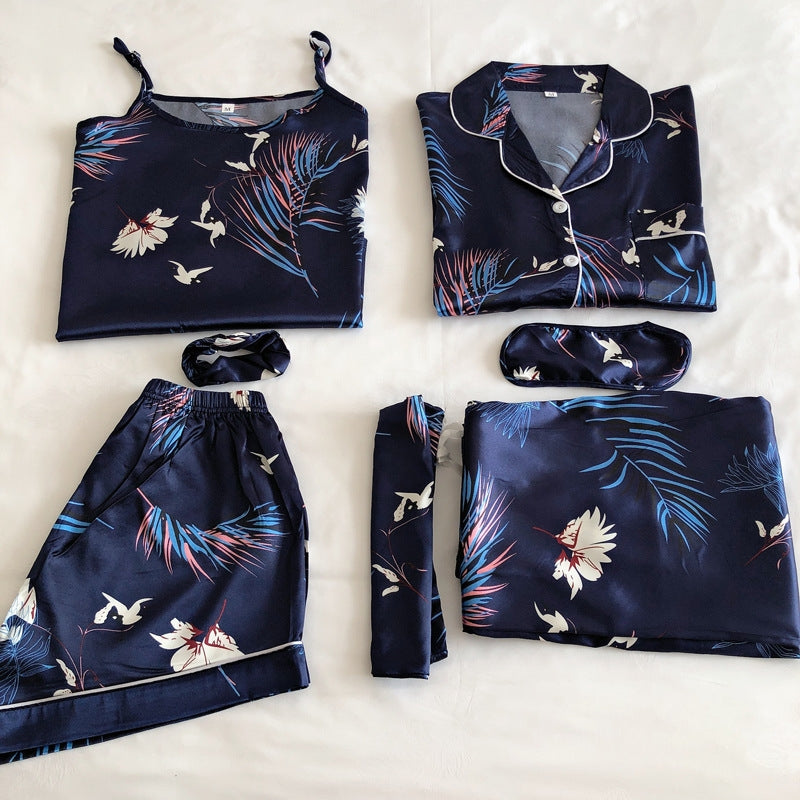 Women Simple Casual Stripe Printed Thin Pajamas Seven-Piece Set