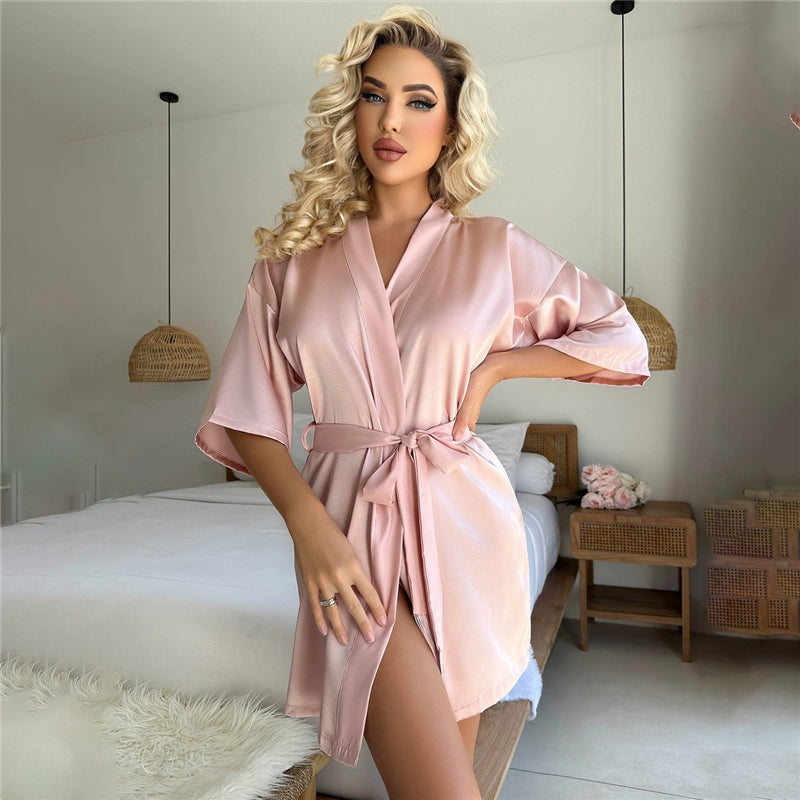 Women Fashion Sexy Solid Color Lace Tassel Mid-Sleeve Lace-Up Dress Pajamas