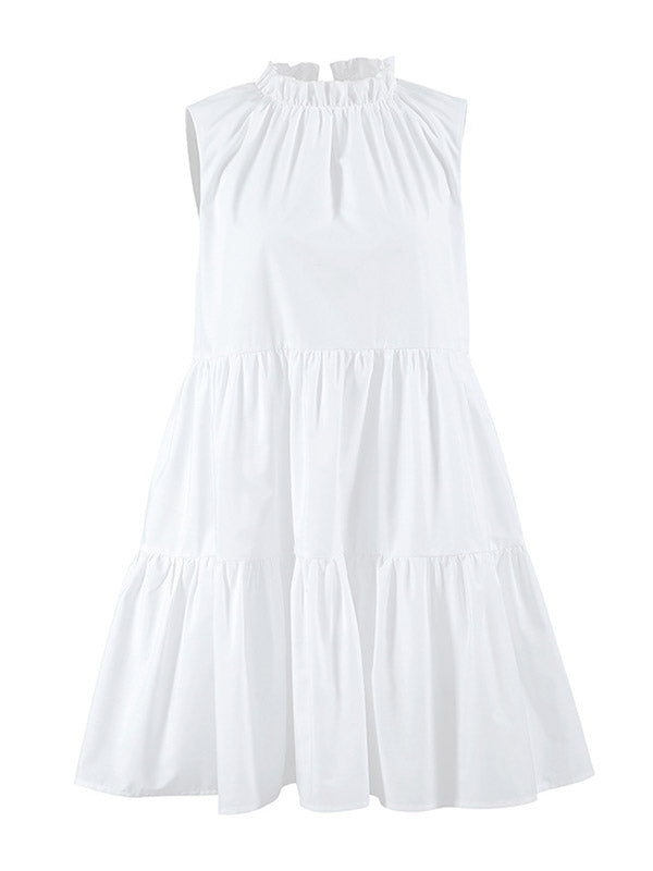 A-Line Loose Pleated Ruffled Solid Color Split-Joint Round-Neck Mini Dresses Shirt Dress