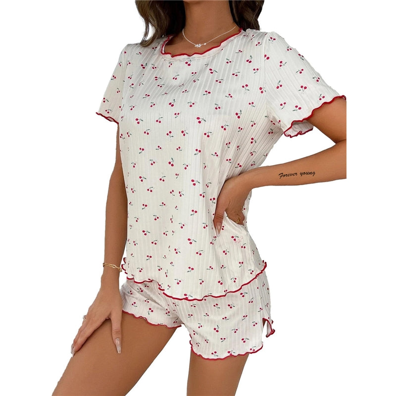 Women Fashion Casual Cherry Printed Short-Sleeve T-Shirt Loose Shorts Pajamas Two-Piece Set