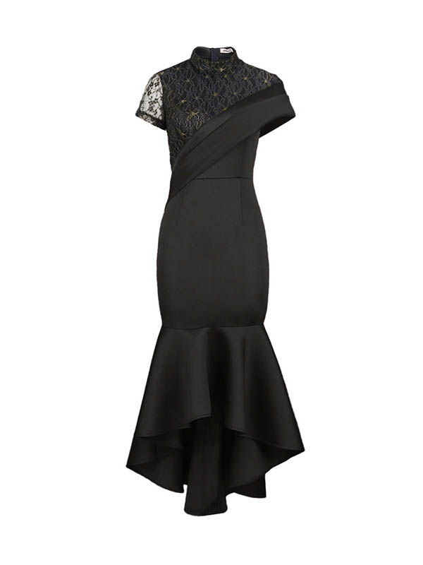 Bodycon High Waisted Ruffle Trim Solid Color Split-Joint Round-Neck Midi Dresses