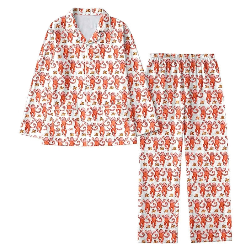 Women Casual Monkey Print Lapel Long-Sleeve Top Loose Pants Pajamas Two-Piece Set