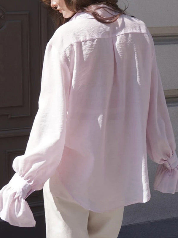 Loose Puff Sleeves Pleated Solid Color Split-Joint Lapel Blouses&Shirts Tops