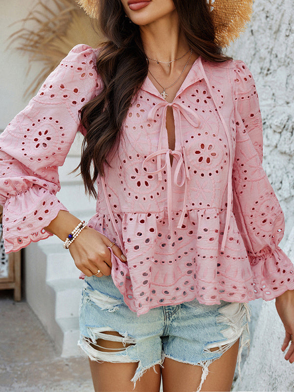 Long Sleeves Loose Elasticity Hollow Pleated Solid Color Tied Round-Neck Blouses&Shirts Tops
