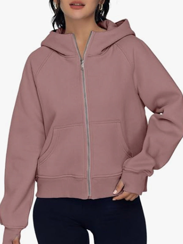 Hooded Long Sleeves Pockets Solid Color Zipper Jackets Outerwear