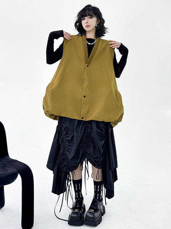 A-Line Hipster Buttoned Solid Color V-Neck Vest Top