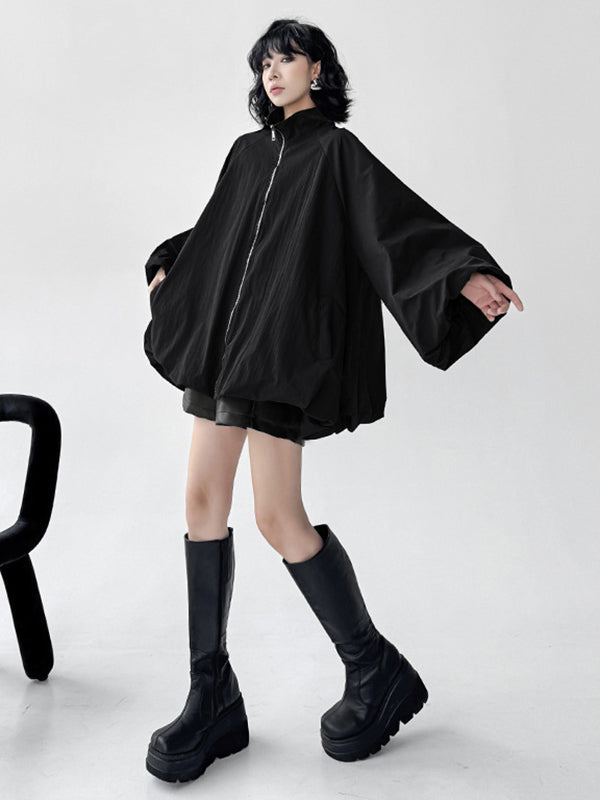 A-Line Long Sleeves Buttoned Solid Color Zipper Stand Collar Outerwear Windbreakers