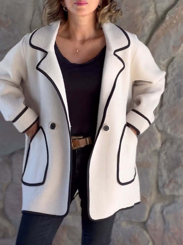 Long Sleeves Loose Buttoned Pockets Split-Joint Notched Collar Woolen Coat