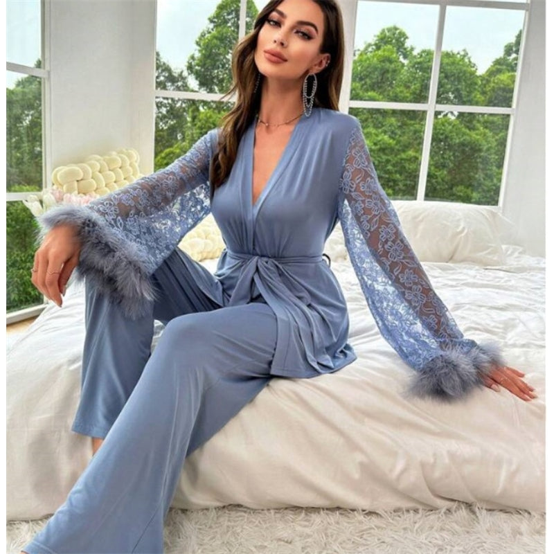 Women Fashion Elegant Stitching Lace V-Neck Long-Sleeve Lace-Up Top Loose Pants Pajamas Set